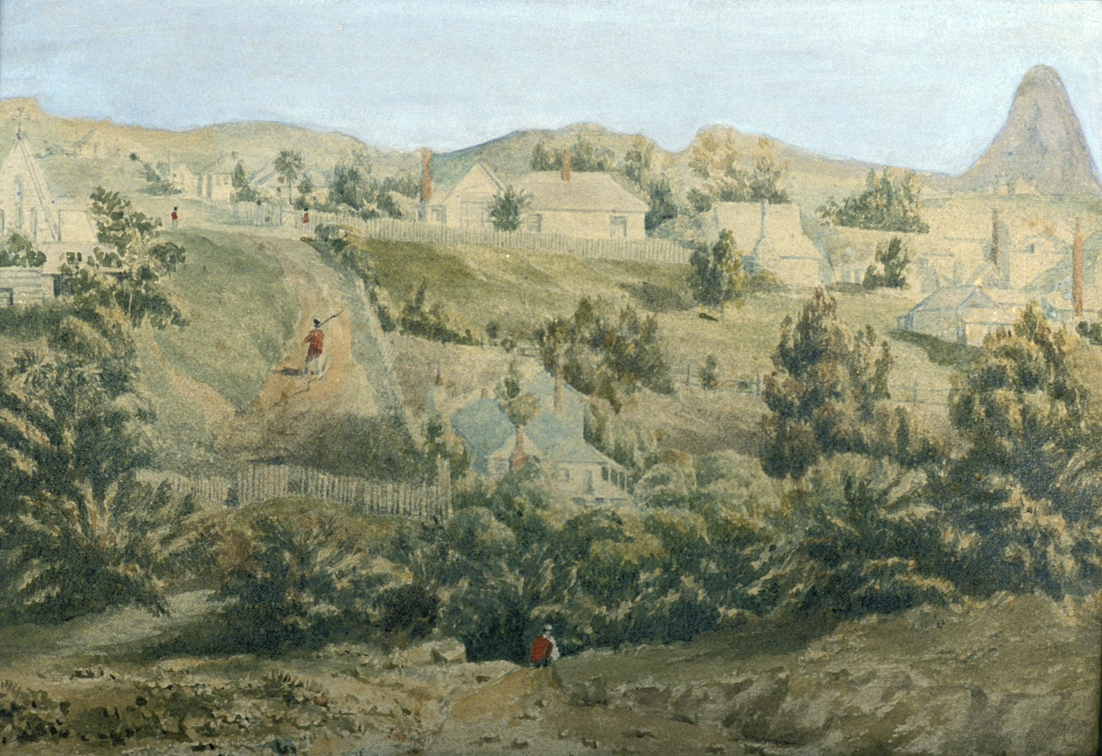 View of New Plymouth from Vivian Street in the early 1860s with St Mary’s Church and the Halse family home in the background. Hamar Humphrey Arden. Collection of Puke Ariki (A75.429).