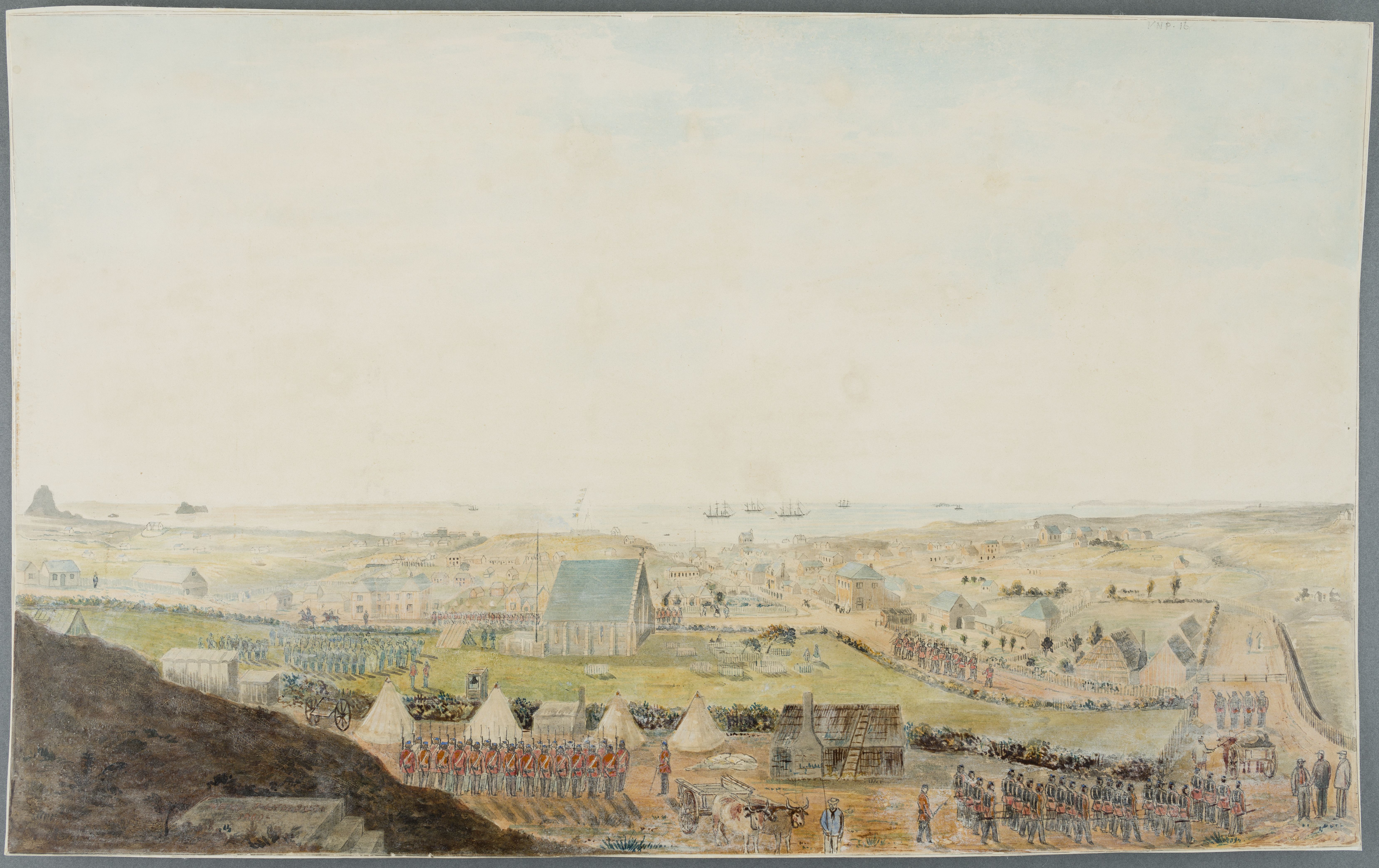 View of New Plymouth from Marsland Hill (3 August 1860). Edwin Harris. Collection of Puke Ariki (A65.883).