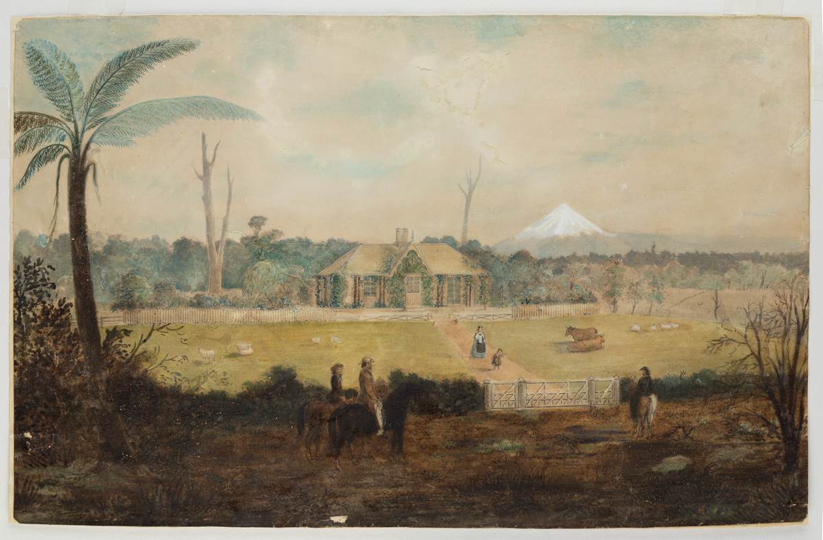 The Harris family's residence on Frankley Road, New Plymouth (1850s). Edwin Harris. Collection of Puke Ariki (A65.916).